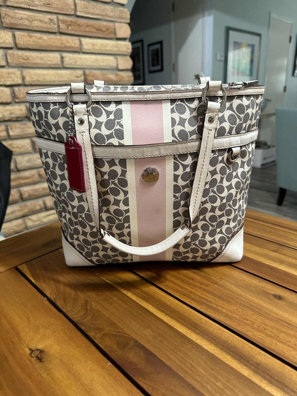 Coach Heritage Stripe Chelsea Tote with Pale Pink and White Stripe